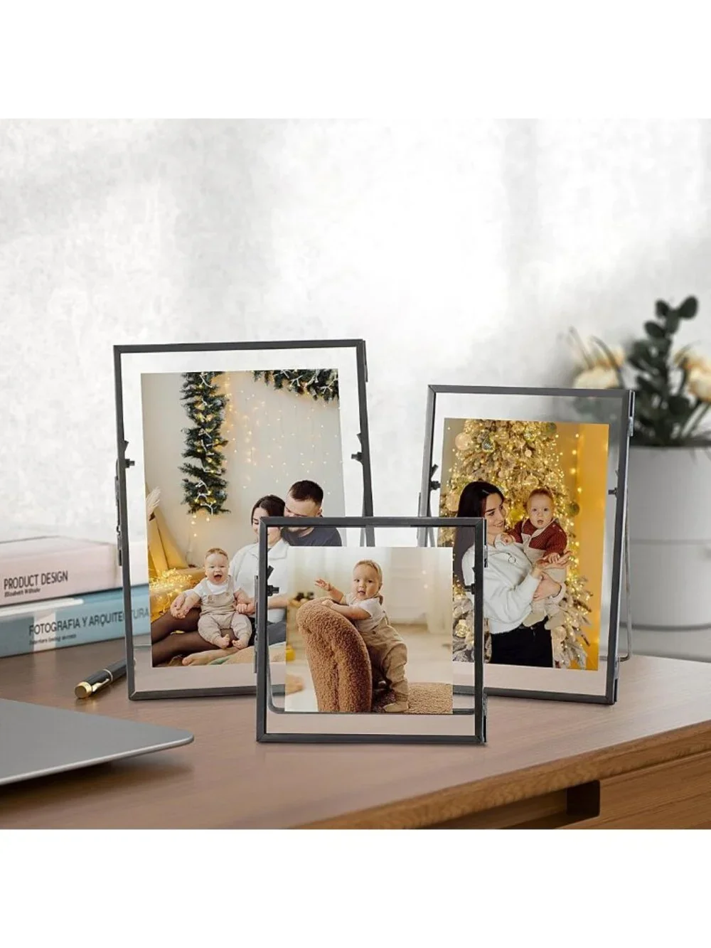 Vintage Gunmetal Gray Floating Picture Frames Set of 3 - Glass Pressed Flowers